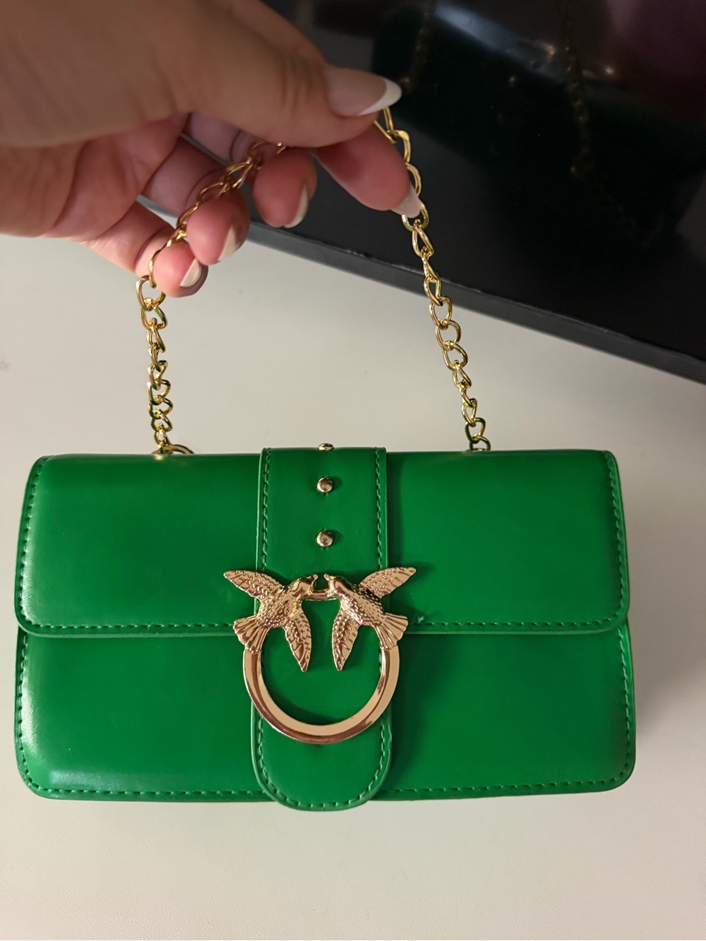 Green Leatherette Shoulder Bag with Gold Bird Accent
